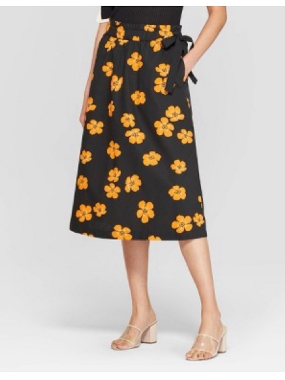 Who What Wear Black Midi Skirt with Yellow Floral Print
